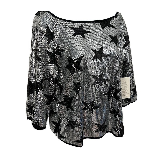 NEW Boston Proper Silver Black Star Sequin Top Blouse Size XXS - Picture 1 of 11